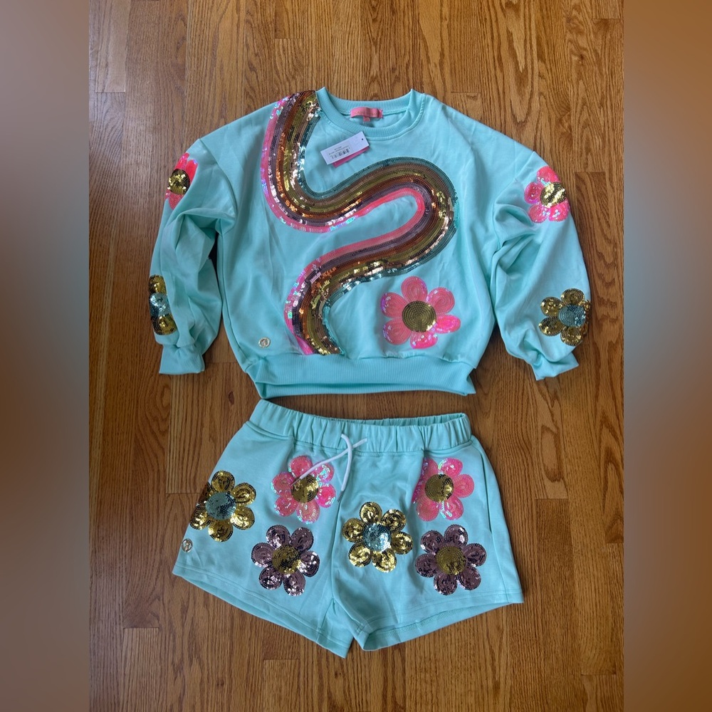 Simply Southern Teal Sequin Floral Sweatshirt & Shorts